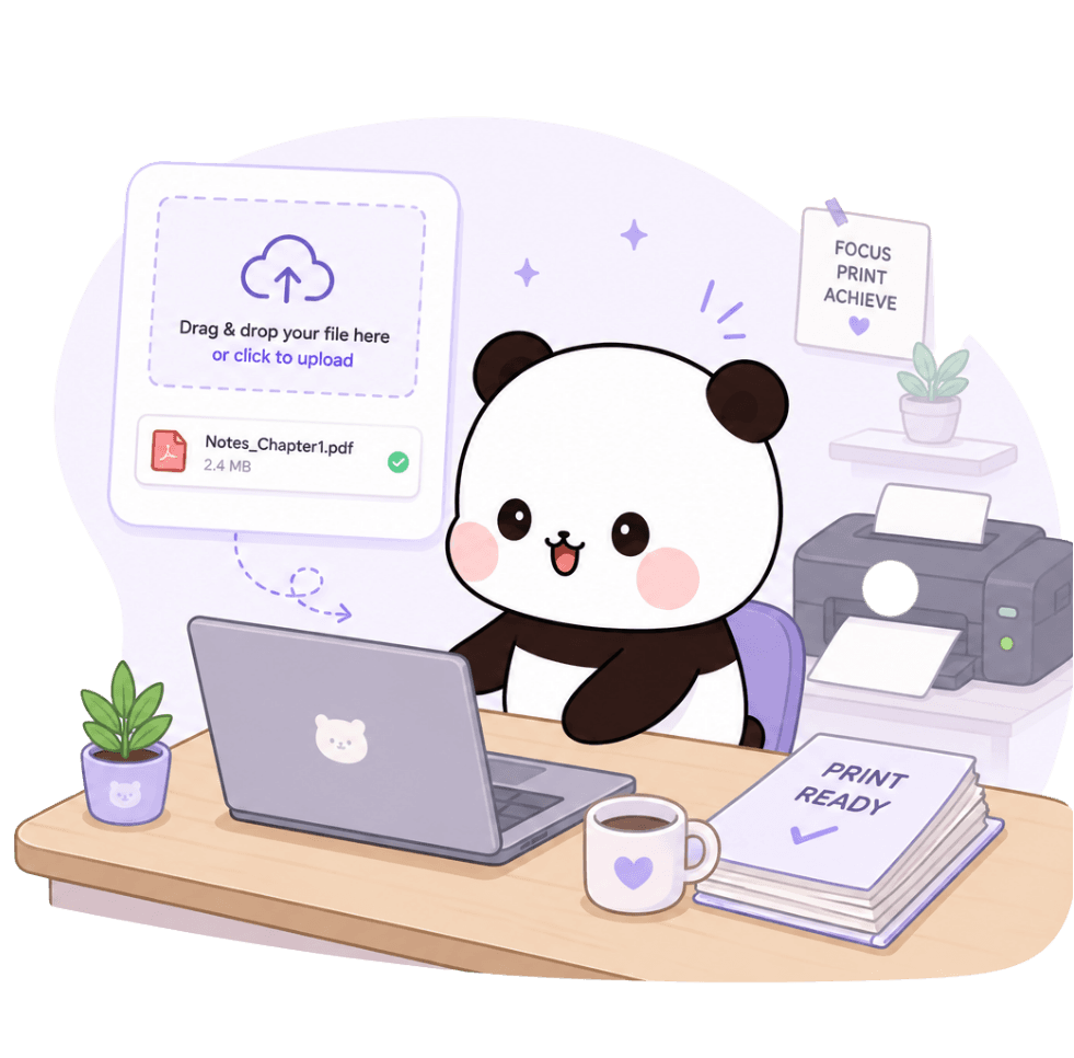 Bubu the panda mascot at a laptop, ready to help print your files