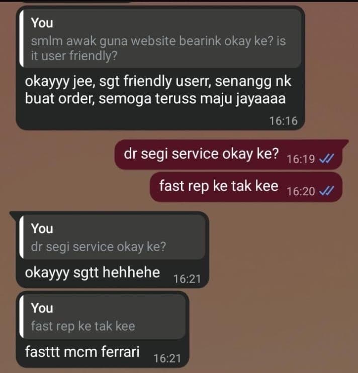 WhatsApp review from a student about Bearink's printing service