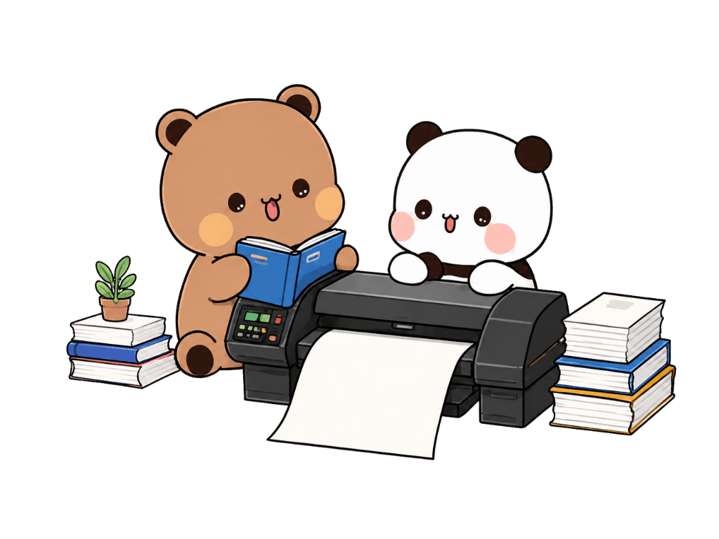 Bear and panda mascots printing documents