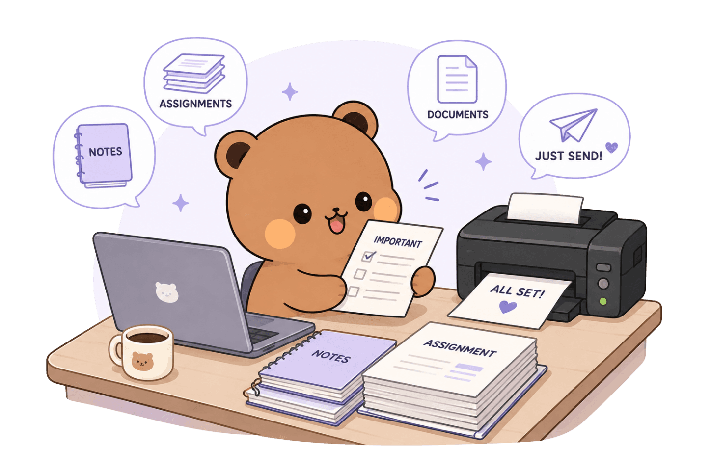 Bear mascot holding printed pages
